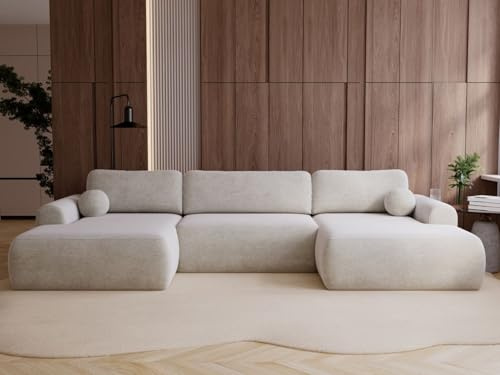 GRAINGOLD Savana U Ecksofa mit Schlaffunktion und Bettfunktion, 344x177 cm, U-Form Sofa, Schlafcouch für Wohnzimmer, Veloursstoff, 5-Sitzer Wohnlandschaft, Ecksofa mit Stauraum (Hellbeige)