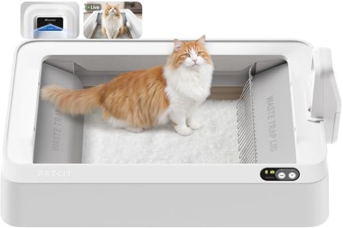 PETKIT Open-Top & AI-Kamera Selbstreinigende Katzentoilette, Harngesundheitsmonitor, automatische Katzentoilette, intelligenter Roboter mit 2-Wege-Raken/5G-WLAN/Sicherheitssensoren/Geruchskontrolle