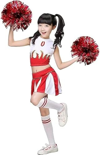 LOLANTA Mädchen Cheerleader Kostüm Schulkind Cheer Kostüm Outfit Karneval Kostüm(rot,122-128,Etikettengröße 130)