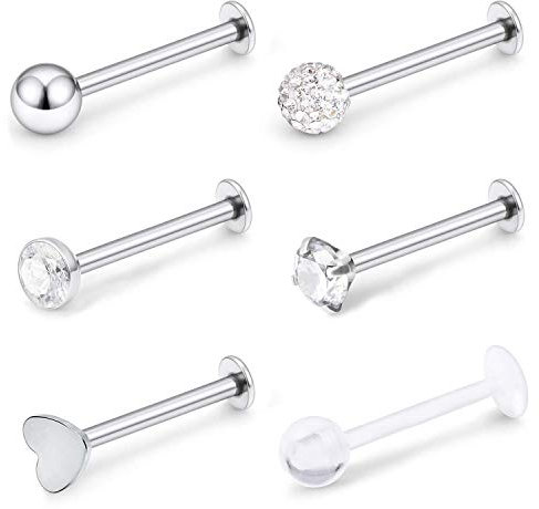 VFUN 16 G Chirurgenstahl Diamond CZ Piercing Ohr Tragus klar Bioflex Retainer Labret Stud Lippenpiercing Ringe Helix 8 Stück, Kristall Chirurgenstahl Kristall 316 Liter, Ohne Stein