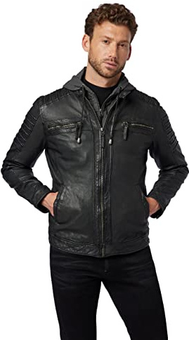 RICANO 12815 Hood - Herren Lederjacke im Biker-Stil mit abtrennbarer Kapuze mit Kordelzug, Brusttaschen und Smoke-Applikationen (Slim Fit) - hochwertiges Lamm Nappa Leder
