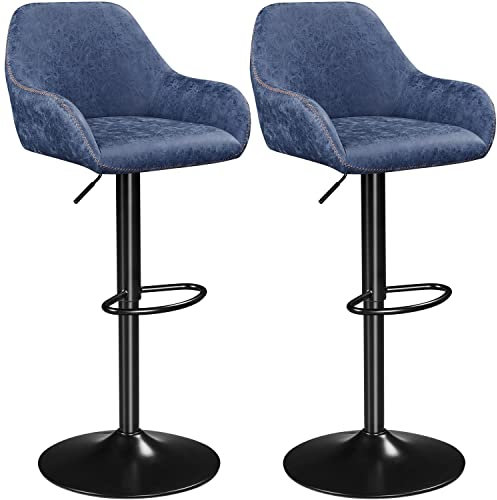 Yaheetech Bar Stools Set of 2, Height Adjustable Swivel Breakfast Barstools, PU Leather Upholstered Bar Chair with Backrest, Armrests and Footrest for Home Kitchen, Blue