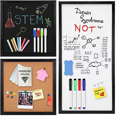 Whiteboard, trocken abwischbar, Kork-Pinnwand, Kreidetafel mit schwarzem Naturholzrahmen, 3 Stück, 30,5 x 30,5 cm und 61 x 30,5 cm, Kombinationstafel, 3-in-1, frei montiert