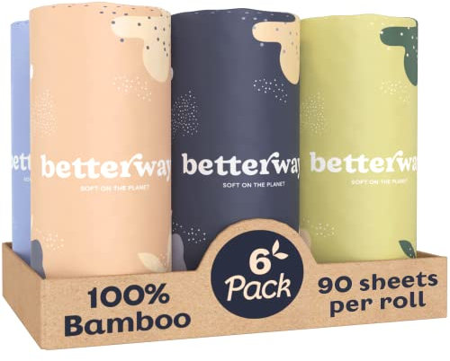 Betterway Bamboo Paper Towels - 6 Rolls, 2 Ply - Plastic Free, Disposable Kitchen Paper Towels - Select Size, Tree Free, Compostable, Strong & Absorbent, No Dyes