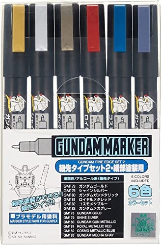 GSI Creos Mr. Hobby GMS126 Gundam Marker Fine Edge Set 2, Paint Type, Filzstifte, Zum Bemalen von Gunpla, 6 Farben, 6er Set, Meißel