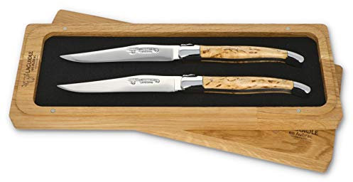 Laguiole en Aubrac - 2er Set Laguiole Steakmesser aus Frankreich - Griff Birkenholz - Stahl glänzend - Original mit Zertifikat
