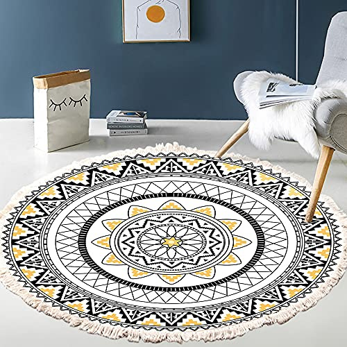 Tapis rond en coton tissé à la main - Motif mandala - Style bohème vintage - Avec pompons - Lavable en machine - Pour chambre à coucher, couloir, salon, table basse - 120 cm - Fleurs #11
