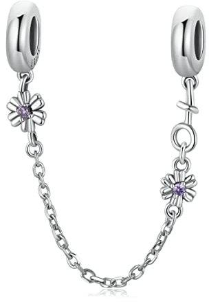 YASHUO Jewellery Charm in argento Sterling 925 con perline di sicurezza per braccialetti Pandora, stile europeo, Zirconia cubica, Perlina,Catena di sicurezza in cristallo viola (YS-C011)