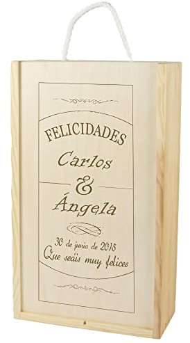 CALLE DEL REGALO Caja de Madera para dos Botellas de Vino grabada con Nombres, Fecha y dedicatoria