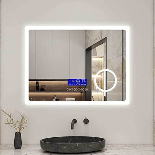 Biubiubath Bluetooth Bathroom LED Mirror, 800 x 600 mm LED Bathroom Mirror with Sensor Switch Demister Pad 2 Lights Cool White+Warm Light 3x Magnifying Clock Wall Mounted