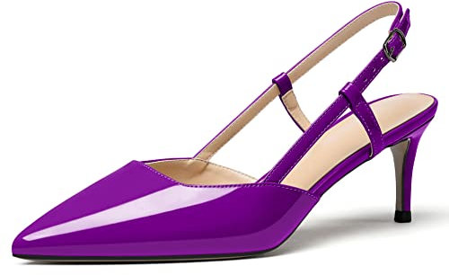 Zamikoo Damen Pumps Slingback Sandalen Kitten Absatz Pointed Toe Pumps Knöchelriemchen Abendschuhe mit Schnalle Lack Lila EU40