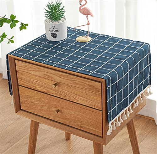Utobanh Simple Bedside Table Tassel Cover Cloth, Tablecloth Cover Towel, Suitable for Bedside Table TV Microwave Washing Machine Refrigerator Dust Cover (blue and white stripes, 15.7 * 35.4 inches)