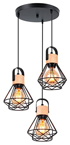 iDEGU 3-flammig Pendelleuchte Industrielle Hängelampe aus Holz und Metall Vintage Lampe mit 16cm Geometrischem Käfig Schwarz E27 Retro Hängeleuchte für Esszimmer Wohnzimmer Küche (3-flammig, Rondell)