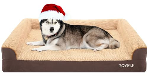 JOYELF Orthopädisches Hundebett für extra große Hunde, U-förmiges Schaumstoffsofa, wasserdichtes Nackenrollenbett mit abnehmbarem, waschbarem Bezug und rutschfestem Boden für Hunde - Kaffee