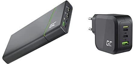 Green Cell Powerbank GC PowerPlay Ultra 26800mAh 128W | 4-Port Externer Akku mit 2X USB-C 65W und 27W Power Delivery & Ladegerät PowerGaN PD 65W mit 2X USB-C PD 1x USB-A QC 3.0 Netzteil mit GaN Tech
