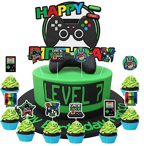 Umllpet Tortendeko Geburtstag Junge, Videospiel Torten Deko Kinder, Gaming Kuchen Deko Cake Topper Happy Birthday Gamer Deko für Torte, Cupcake Topper Muffin Topper Kindergeburtstag Party Geschenk