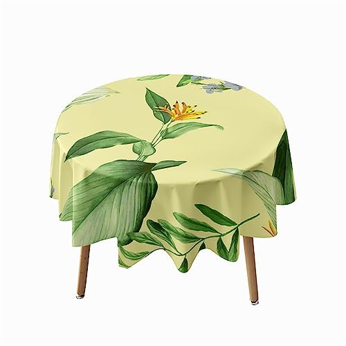 Highdi Runde Tischdecke Abwaschbar Tisch Decke, Tropische Pflanzen Rund Tischwäsche Geeignet für Küche, Esszimmer, Esstisch, Couchtisch, Gartentisch (Durchmesser 200cm,Grüne Blätter)