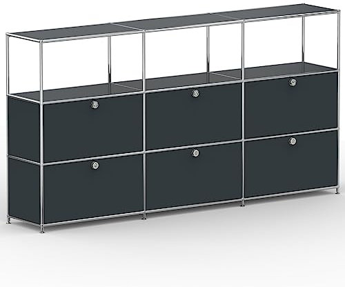 SYSTEM8X Highboard 03523 Anthrazitgrau 227x40x118cm - Modernes Chrom Design mit 3 offenen Fächern und 6 Klappen, Stellfüße - Für Wohnzimmer, Büro, Praxis