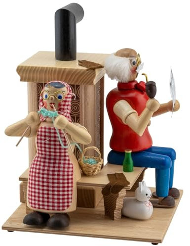 Jan Legler | Räuchermännchen Räucherfigur | Holzkunst aus dem Erzgebirge | Handarbeit Made in Germany | 21 cm | Oma und Opa am Ofen Natur