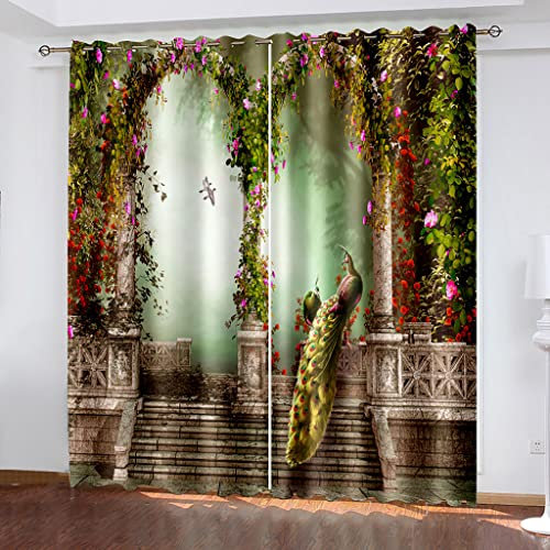 Vorhang Blickdicht Ösen - 3D Retro-Gartentierpfau Muster Ösenschal 2Er Set, Schallschutz Thermo Vorhänge, Gardinen Wohnzimmer Modern, Verdunkelungsvorhang Schlafzimmer Fensterdekoration 260X280cm