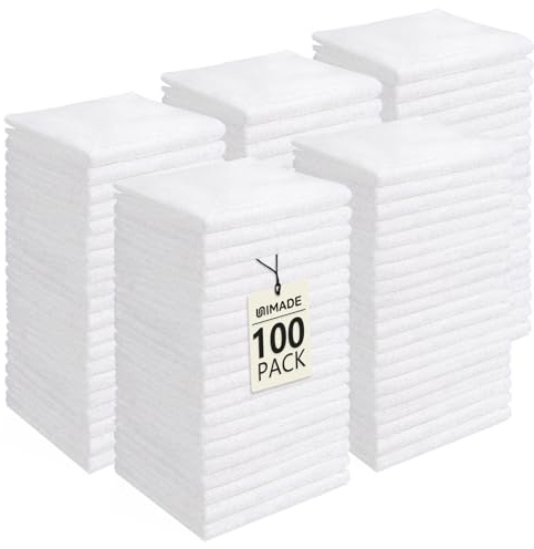 UNIMADE Washcloths Bulk - 100 Pack - Face Towels (12 x 12), Highly Soft Wash Cloths and Hand Towels, Fast Drying Multi-Purpose Microfiber Cleansing Cloths for Bathroom, Hotel, Spa, and Salon - White