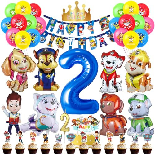 Patrol Geburtstag Deko 2 Jahre, Paw Luftballon Kindergeburtstag Jungen Mädchen, Cartoon Dog Ballons Set, Hund Dog Patrol Blau Luftballon 2 Geburtstag, Tortendeko für 2 Jahre Kindergeburtstag Partydeko