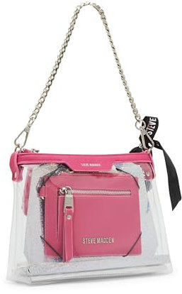 Steve Madden Damen Clear Pouch with Card Case Gift Set Dominic Geschenkset, transparente Tasche mit Kartenetui, Knallpink (Hot Pink)