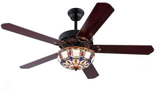 Ventilateurs de plafond Tiffany de 52 pouces avec télécommande lumineuse, ventilateur de plafond en vitrail vintage, pales en bois, minuterie à 3 vitesses, luminaire avec télécommande pour salle à man