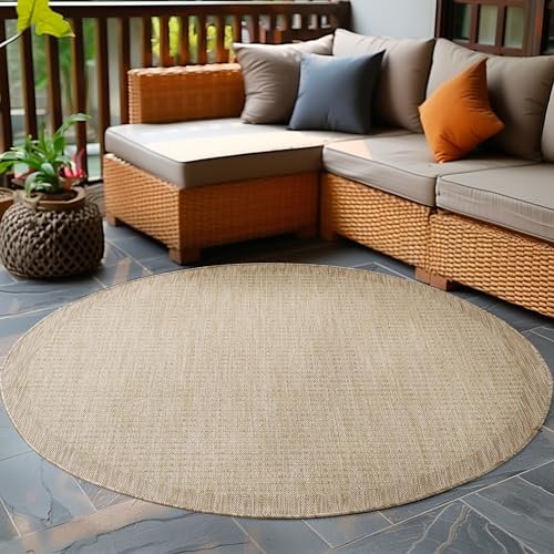 Carpetsale24 In- & Outdoor Teppich Wetterfest 160 cm Rund Einfarbig Beige - Waschbar, Wasserfest, Pflegeleicht und Flachgewebe - Ideal für Balkon, Garten, Terrasse und als Küchenteppich