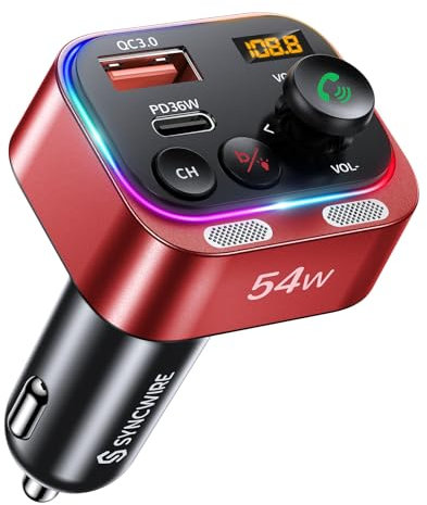 Syncwire FM Transmitter 5.4 Bluetooth Adapter Auto 54W PD & QC 3.0 USB C Auto Ladegerät [Stärkere Dual-Mikrofone | HiFi-Basston | Schnellladung | Lichtschalter | Kabelloser Radioempfänger], Rot
