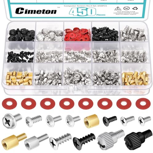 Cimeton Juego de tornillos para placa base de 450 unidades, incluye soportes para placa base, ranura hexagonal, espaciador hexagonal, kit de surtido de tornillos para la instalación de PC DIY