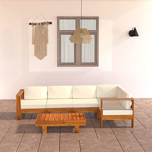 Faroom 6-TLG Gartenlounge Set Massives Akazienholz Lounge Gartenmöbel Set Loungemöbel Set Holz Balkon Lounge Sofa Outdoor Balkonmöbel Garten & Terrasse Cremeweiß
