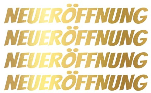 Finest Folia 4X Neueröffnung Schriftzug Set Aufkleber für Schaufenster Laden Geschäft Fenster Sticker Werbung selbstklebend wetterfest KX046 (Motiv 04, Gold Metallic)