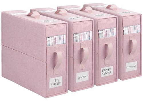 WELTRXE Bed Sheet Organizer, 4 Pack Foldable Bedding Organiser with Handle and Window, Foldaway Closet Storage Bins, Storage Container Box for King Queen Sheet Duvet Cover Set Blanket Clothes, Pink