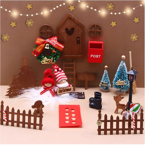 43 PCS Porta Elfo Natale Kit, Accessori Elfo di Natale,Elfo Natale per Bambini Decorazione Elfo Legno Miniatura Con Luce Fata Porta Decorazione di Natale, Stivali, Recinzione, Ghirlanda, Scala