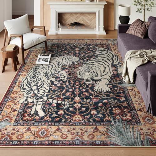 Moynesa Teppich mit Tigermotiv, groß, waschbar, Boho, Vintage, rutschfest, für Wohnzimmer, Esszimmer unter dem Tisch, ultradünn, weicher Bodenteppich für Büro, Schlafzimmer, 244 x 305 cm, Dunkelrot