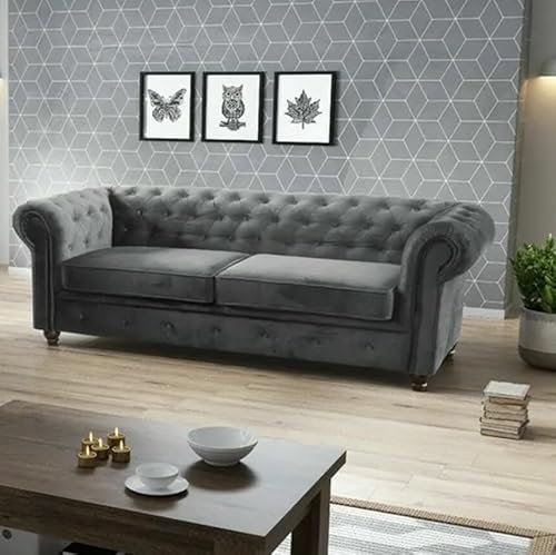 Easy4You Chesterfield Grau Plüsch Velvet 3-Sitzer Sofa 225x74x88 cm Sofas für Wohnzimmer Sofagarnituren mit Holzfüße Set Sofas & Couches