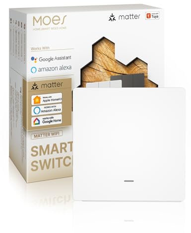 MOES Interruptor Inteligente Matter, WiFi Interruptor de Sincronización Bidireccional, Cable Neutro Requerido, Compatible con Alexa/Apple Home/Google Home/SmartThings/APP Tuya, 1 Gang