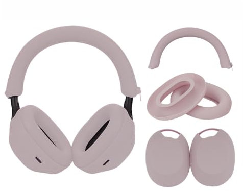 Adhiper 3Sets Silicone Sweat Case Cover for Sony WH-1000XM5 Headphones, XM5 Covers Accessories Silicone Ear Pads Covers & Headband Cover & Ear Cups Protector, Washable & Sweatproof - Smoky Pink