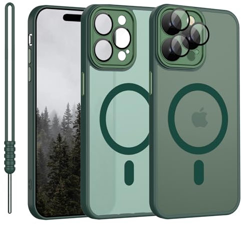 YUANDMI Cover Magnetica per iPhone 14 Pro Compatibile con MagSafe, Custodia Per iPhone 14 Pro Traslucida Opaca Case Ultra-Sottile Silicone Anti-Scivolo Resistente ai Graffi, Verde Scuro