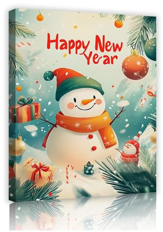 Arte de pared de dibujos animados Muñeco de nieve Bolas de pino Cuadros de arte en lienzo Año Nuevo Decoración de Navidad para dormitorio Oficina Sala de juegos de dormitorio 50x60cm Marco interior