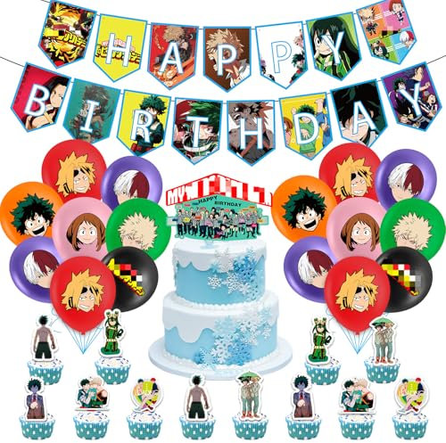 44PCS Hero Birthday Party Decoration, MHA Balloons Anime Cake Decorations, Cartoon Happy Birthday Banner Latex Balloons Cake Topper for Kids Boys Girls Birthday Theme Party