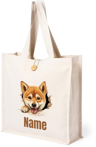 GRAZDesign Personalisierte Stofftasche mit Hundemotiv, Baumwolle, Tragetasche mit Knopf, individuell mit Namen - Shiba Inu