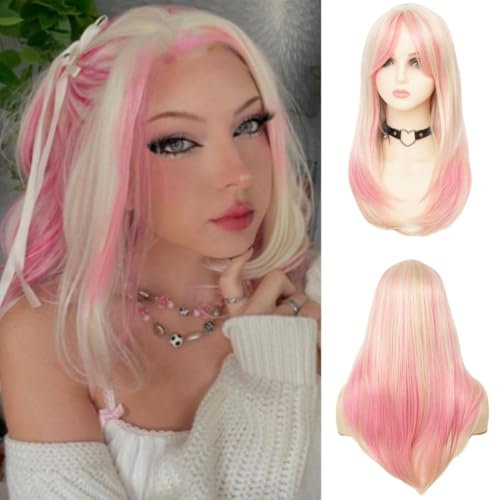 Salaibs Rosa und Blond Gerade Lange Perücken für Frauen Pink Mittelteil Synthetische Faser Haar Perücke für Cosplay Halloween Party Gebrauch