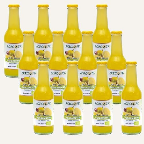 Agropic Succo di Bergamotto Puro Bio, 200 ml, Bergamotto Succo Puro Biologico, 12 bottiglie, Senza Zuccheri Aggiunti e Conservanti, Realizzato in Calabria
