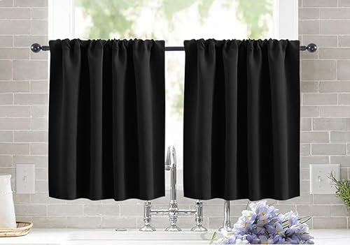 KnSam Schwarz Scheibengardine Küche Vorhang Bistrogardine Blickdicht Gardine Privatsphäre Scheibengardinen Fensterschal für Wohnzimmer Landhaus 2er Set 85Bx40H (cm)