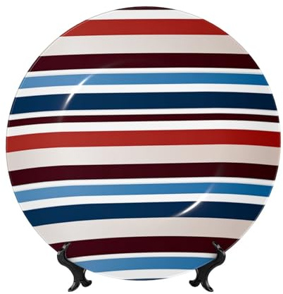 HJTRW Assiette décorative en porcelaine anglaise avec support de présentation en céramique à rayures rouges, bleues, blanches, grises - Assiettes rondes à suspendre au mur - 15,2 cm