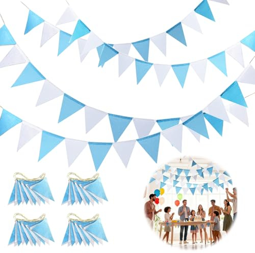 Hexizexi 48 Stück Wimpelkette Outdoor Blau Weiß 4er-Set 16M | Wimpelgirlande Outdoor Wimpelkette Outdoor Wetterfest für Geburtstag Hochzeit Party Garten Dekoration