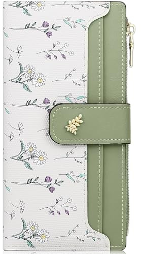 Farcauo Portemonnaie Damen RFID Geldbörsen Frauen Geldbeutel Mittel Groß Damen Geldbörse mit Grün Blumen Design für Frauen Portmonee mit Ausweisfach und Kartenhüllen