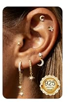 Finrezio 6 Stück Ohrringe Silber 925 Set Ohrstecker Gold/Silber Creolen | Ohrringe Silber Hängend Hypoallergene Stern Mond Ohrstecker Creolen mit Anhänger Helix Piercings Schmuck Geschenk für Frauen